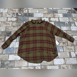 NWT SO Women's Green Maroon Plaid Button Down Shirt